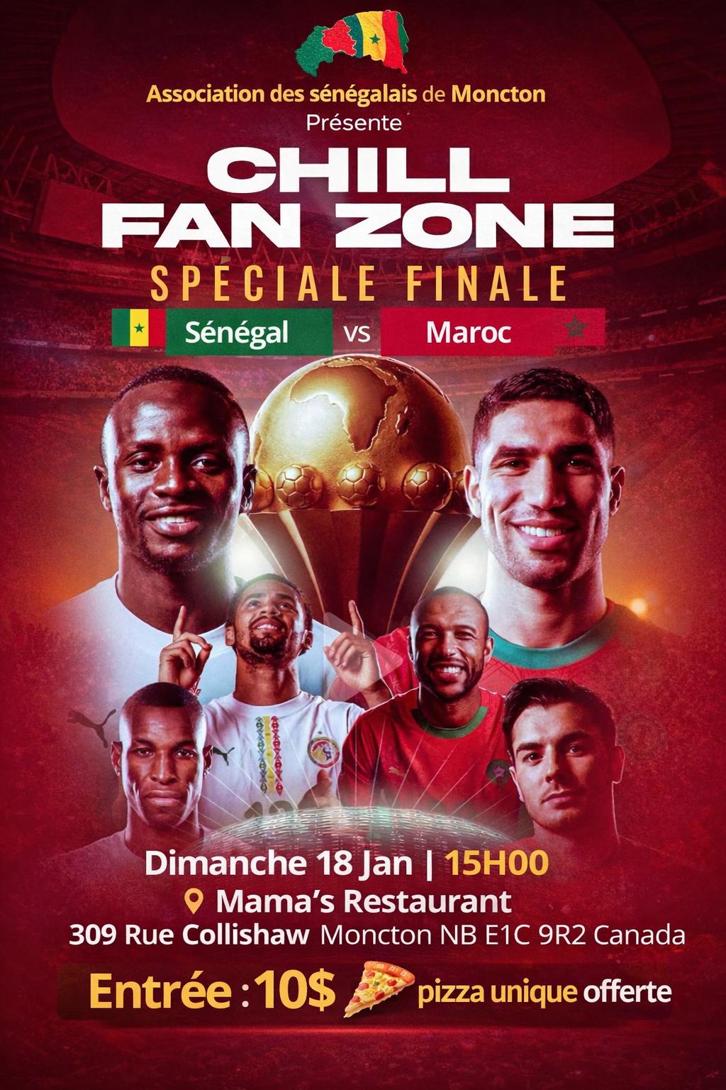 You are currently viewing ⚽ Fan Zone – Finale CAN : Sénégal 🇸🇳 vs Maroc 🇲🇦 à Moncton